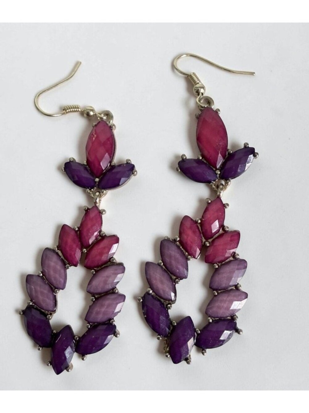 Colorful Dangle Drop Earrings Gradient Pink Purple Stones Gold Tone Retro 80s